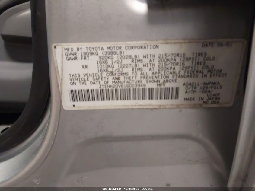 2001 Toyota Rav4 VIN: JTEHH20V616003949 Lot: 43855141