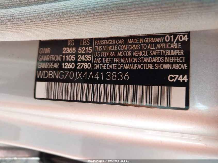 2004 Mercedes-Benz S 430 VIN: WDBNG70JX4A413836 Lot: 43855169