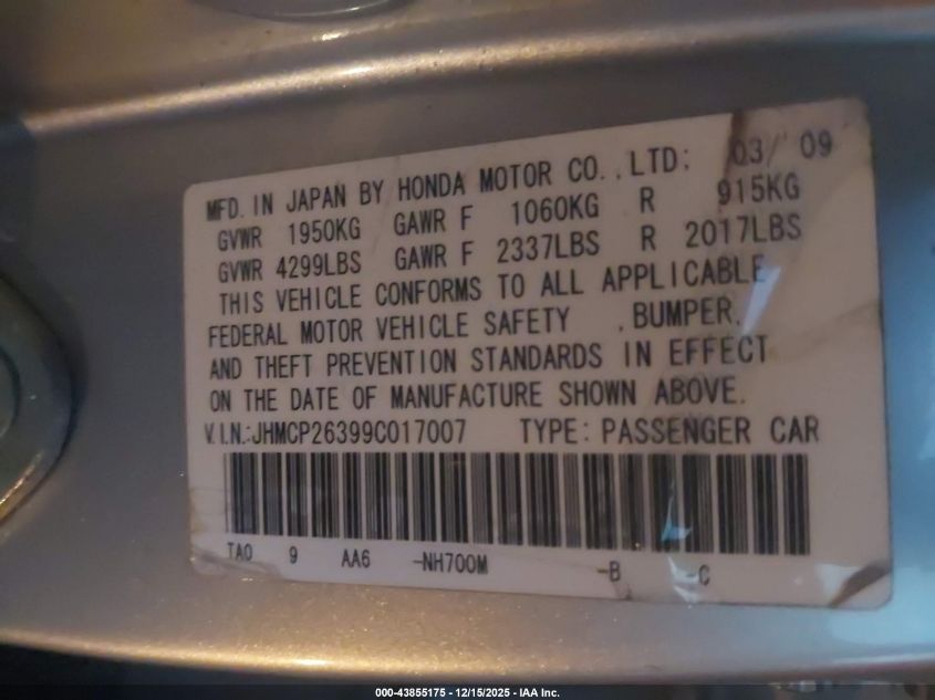 2009 Honda Accord 2.4 Lx VIN: JHMCP26399C017007 Lot: 43855175