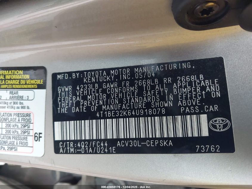 2004 Toyota Camry Se VIN: 4T1BE32K64U918078 Lot: 43855176