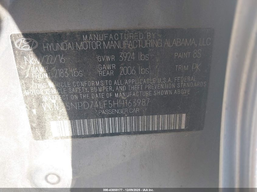 2017 Hyundai Elantra Se VIN: 5NPD74LF5HH163987 Lot: 43855177