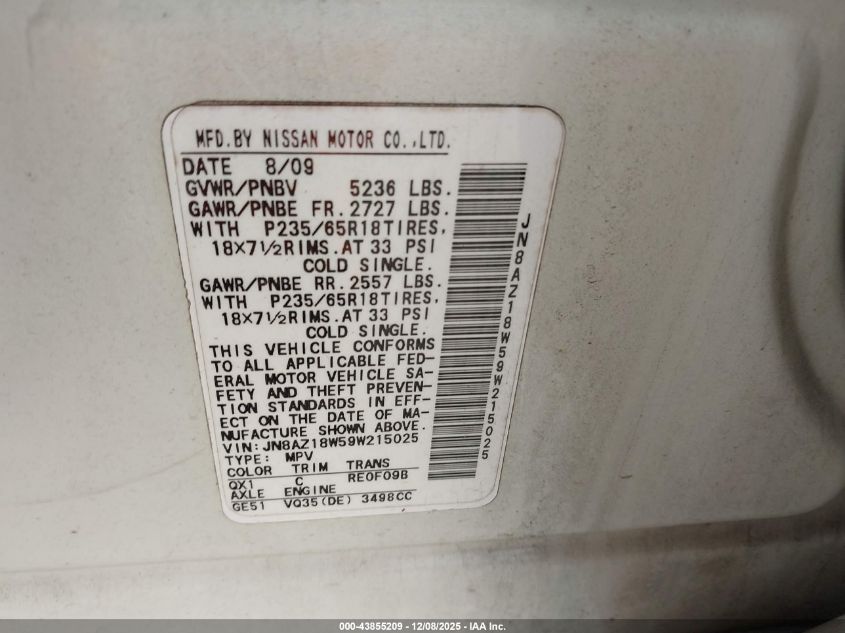 2009 Nissan Murano Sl VIN: JN8AZ18W59W215025 Lot: 43855209