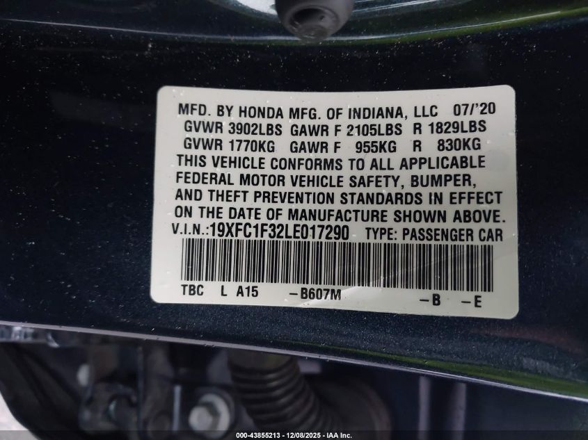 2020 Honda Civic Ex VIN: 19XFC1F32LE017290 Lot: 43855213