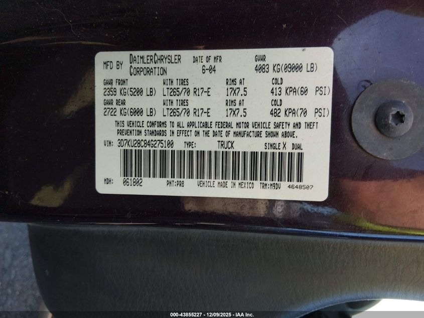 2004 Dodge Ram 2500 Slt/Laramie VIN: 3D7KU28C84G275100 Lot: 43855227