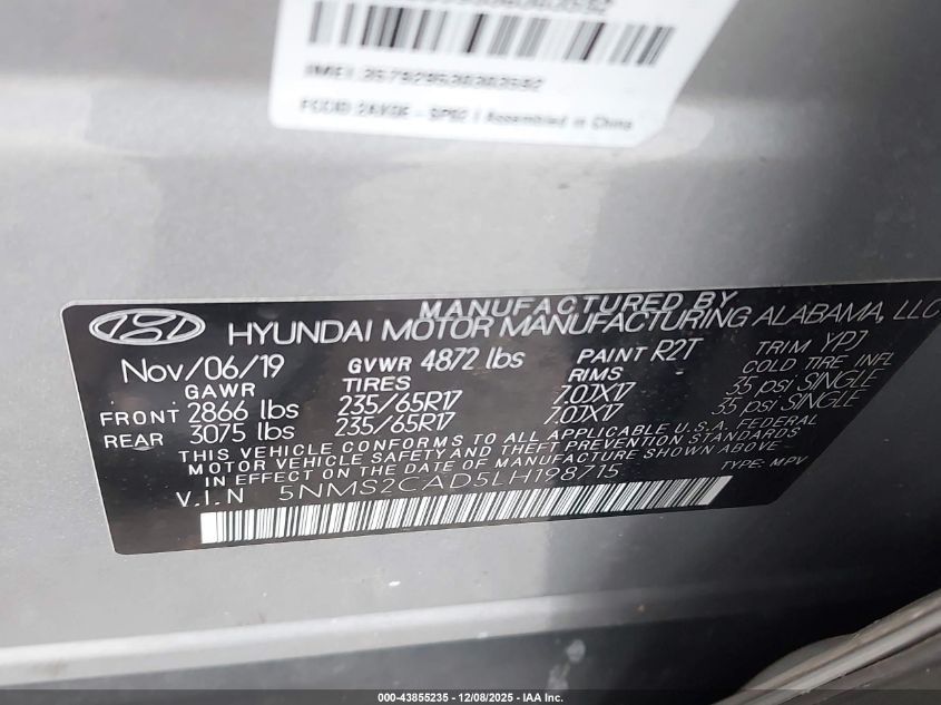 2020 Hyundai Santa Fe Se VIN: 5NMS2CAD5LH198715 Lot: 43855235
