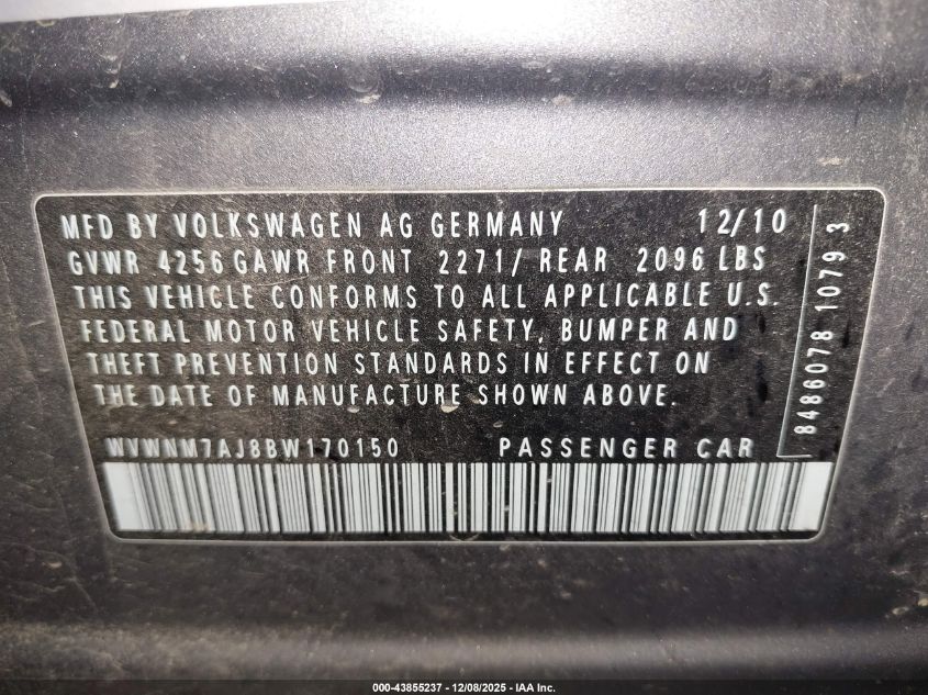 2011 Volkswagen Golf Tdi 4-Door VIN: WVWNM7AJ8BW170150 Lot: 43855237