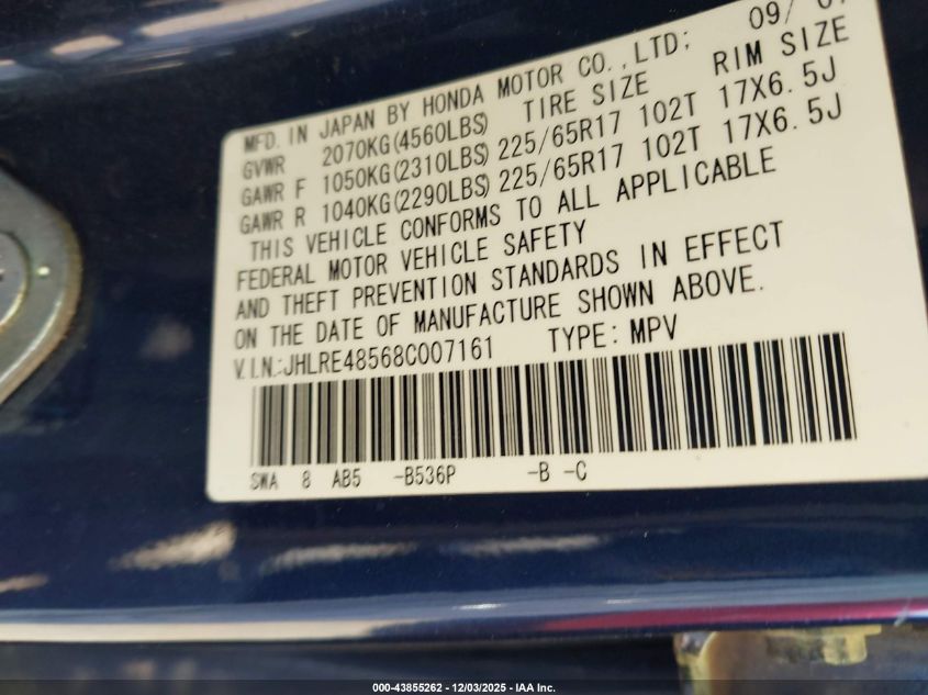2008 Honda Cr-V Ex VIN: JHLRE48568C007161 Lot: 43855262
