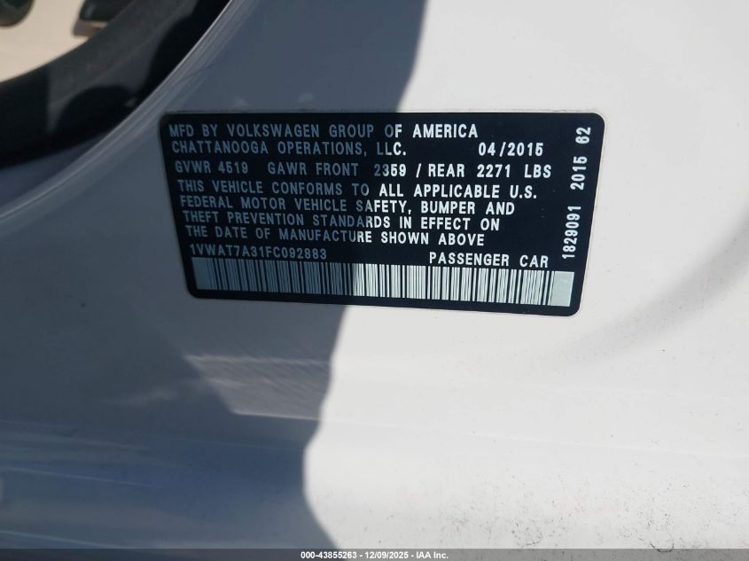 2015 Volkswagen Passat 1.8T Limited Edition VIN: 1VWAT7A31FC092883 Lot: 43855263