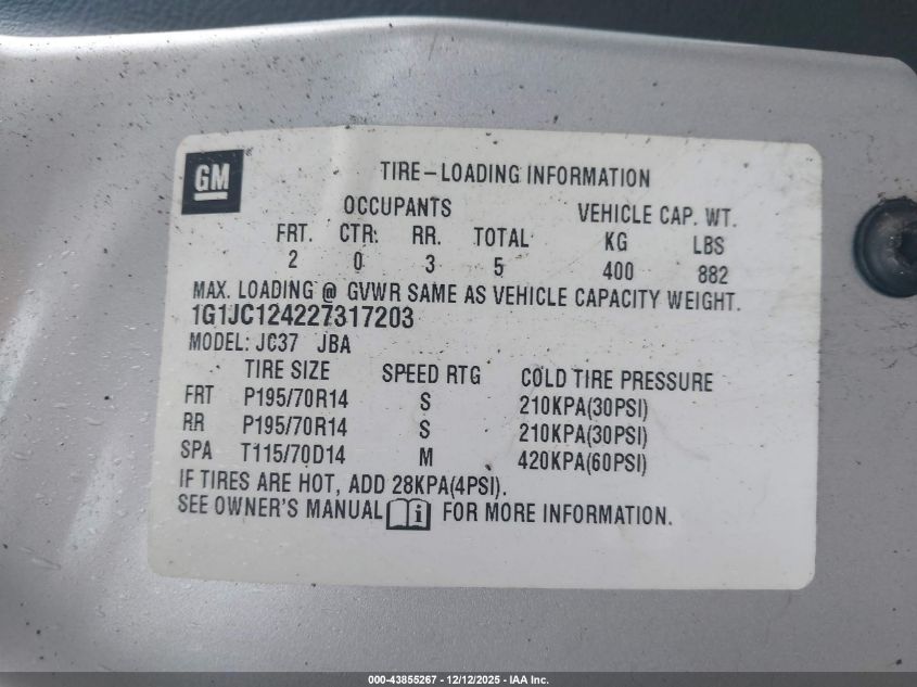 2002 Chevrolet Cavalier VIN: 1G1JC124227317203 Lot: 43855267