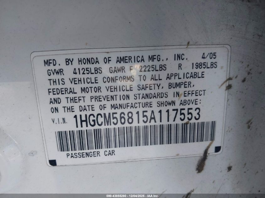 2005 Honda Accord 2.4 Ex VIN: 1HGCM56815A117553 Lot: 43855280