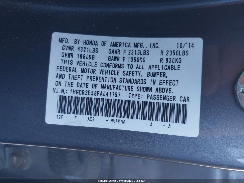 2015 Honda Accord Sport VIN: 1HGCR2E58FA041757 Lot: 43855291