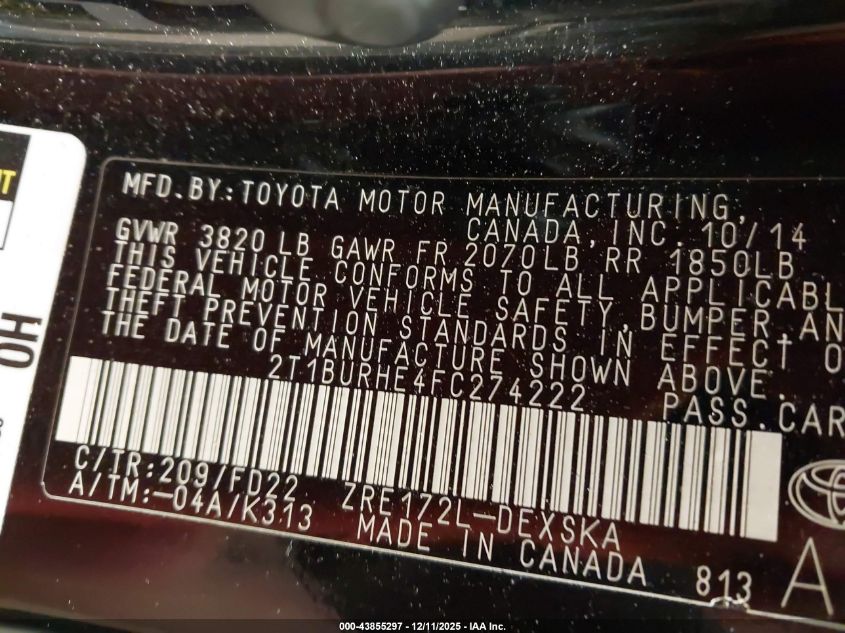 2015 Toyota Corolla S Plus VIN: 2T1BURHE4FC274222 Lot: 43855297