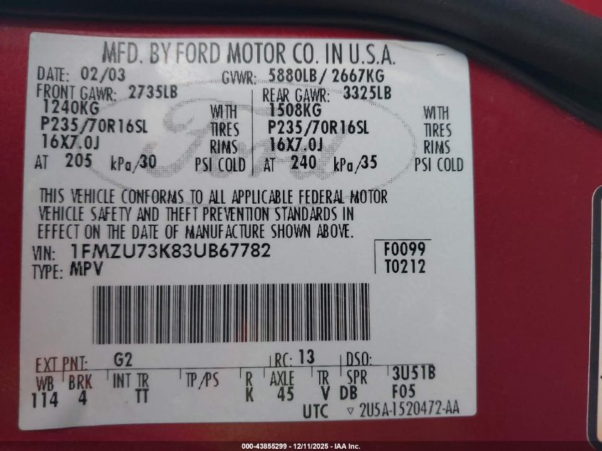 2003 Ford Explorer Nbx/Xlt VIN: 1FMZU73K83UB67782 Lot: 43855299