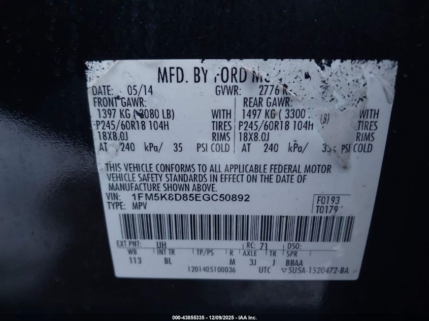 2014 Ford Explorer Xlt VIN: 1FM5K8D85EGC50892 Lot: 43855335