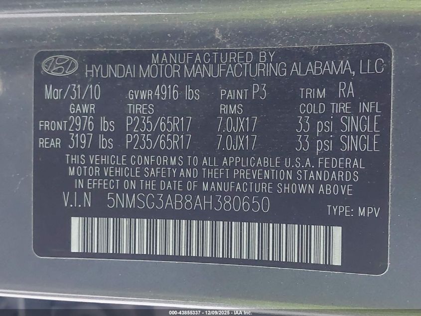 2010 Hyundai Santa Fe Gls VIN: 5NMSG3AB8AH380650 Lot: 43855337