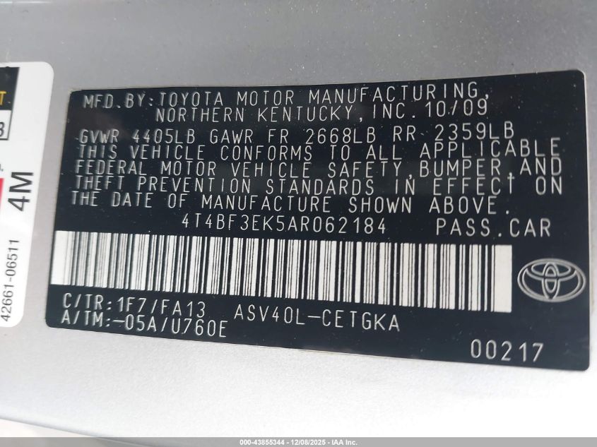 2010 Toyota Camry Xle VIN: 4T4BF3EK5AR062184 Lot: 43855344