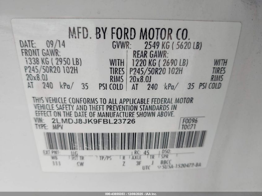 2015 Lincoln Mkx VIN: 2LMDJ8JK9FBL23726 Lot: 43855353