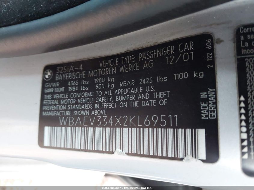 2002 BMW 325I VIN: WBAEV334X2KL69511 Lot: 43855357