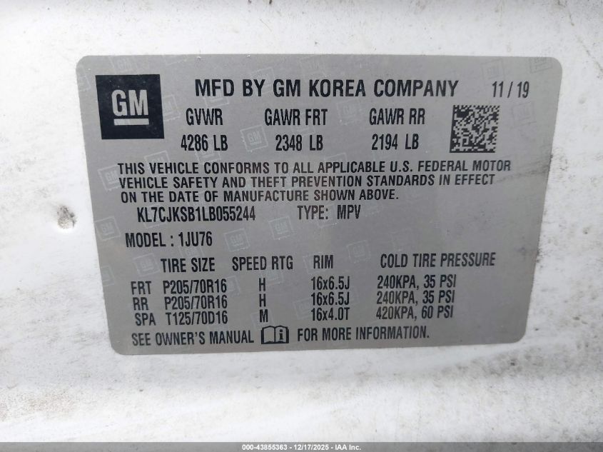 2020 Chevrolet Trax Fwd Ls VIN: KL7CJKSB1LB055244 Lot: 43855363