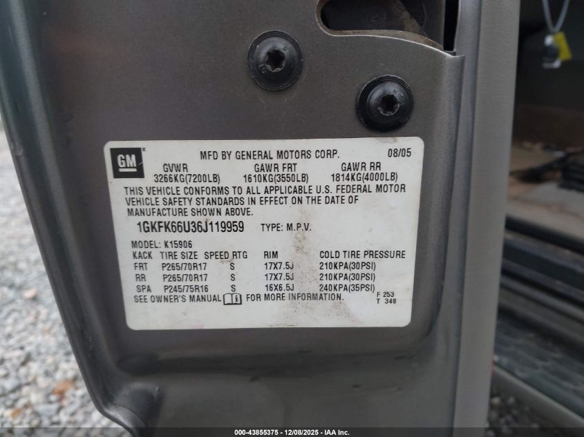 2006 GMC Yukon Xl 1500 Denali VIN: 1GKFK66U36J119959 Lot: 43855375