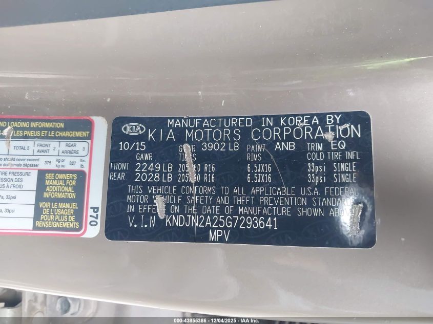 2016 Kia Soul VIN: KNDJN2A25G7293641 Lot: 43855386