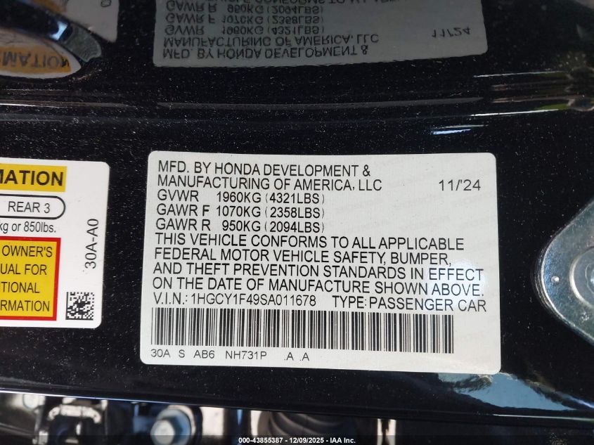 2025 Honda Accord Se VIN: 1HGCY1F49SA011678 Lot: 43855387