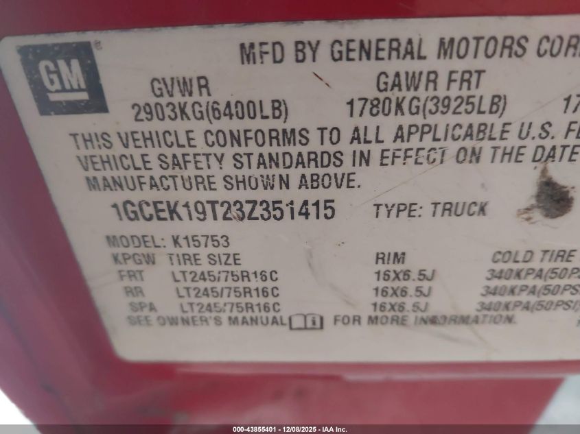 2003 Chevrolet Silverado 1500 Ls VIN: 1GCEK19T23Z351415 Lot: 43855401