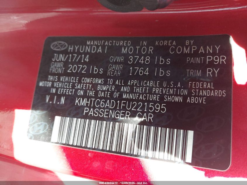 2015 Hyundai Veloster Re:flex VIN: KMHTC6AD1FU221595 Lot: 43855410