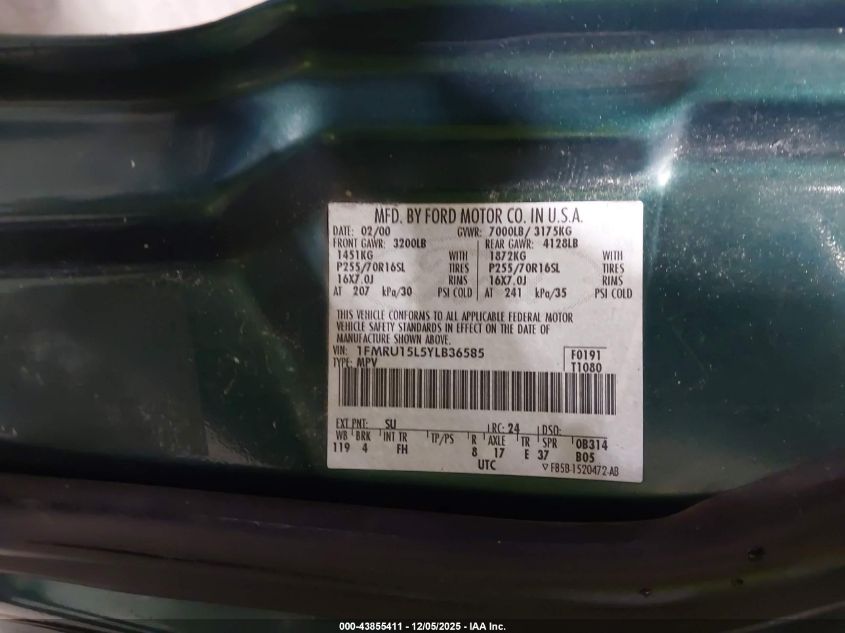 2000 Ford Expedition Xlt VIN: 1FMRU15L5YLB36585 Lot: 43855411