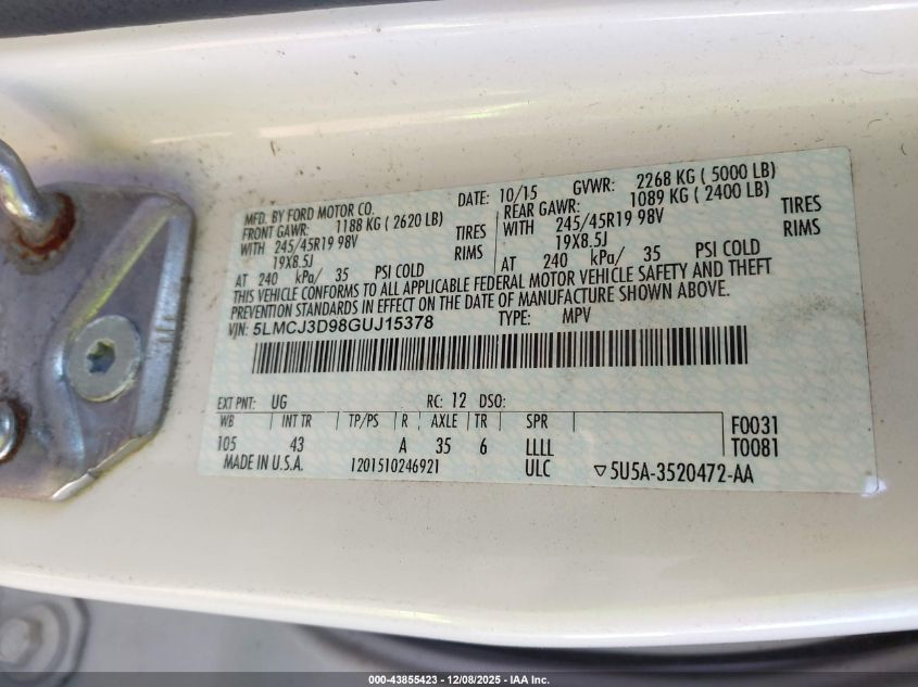 2016 Lincoln Mkc Reserve VIN: 5LMCJ3D98GUJ15378 Lot: 43855423