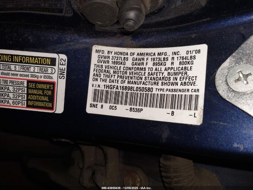 2008 Honda Civic Ex VIN: 1HGFA16898L050580 Lot: 43855436