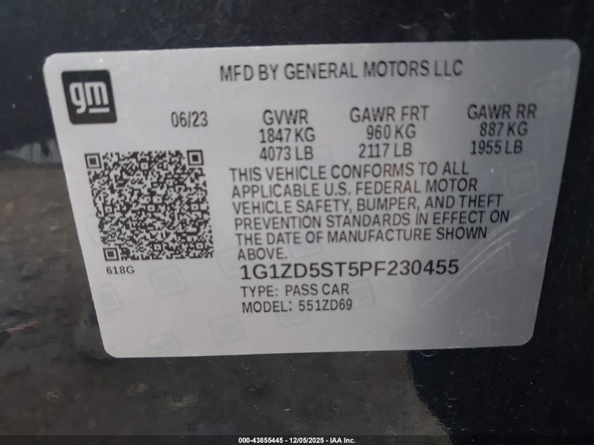 2023 Chevrolet Malibu Fwd 1Lt VIN: 1G1ZD5ST5PF230455 Lot: 43855445