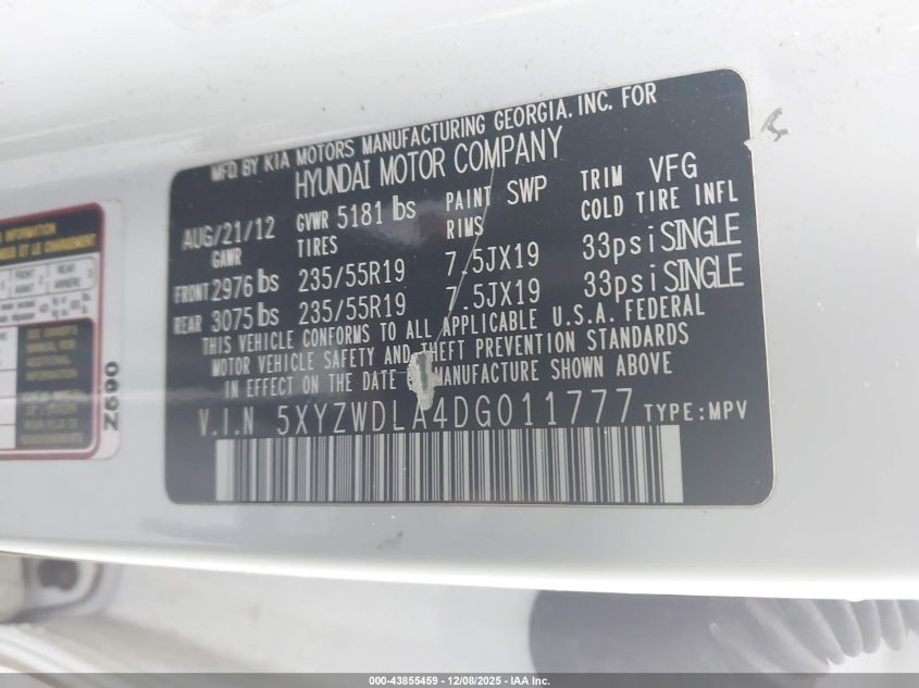 2013 Hyundai Santa Fe Sport 2.0T VIN: 5XYZWDLA4DG011777 Lot: 43855459