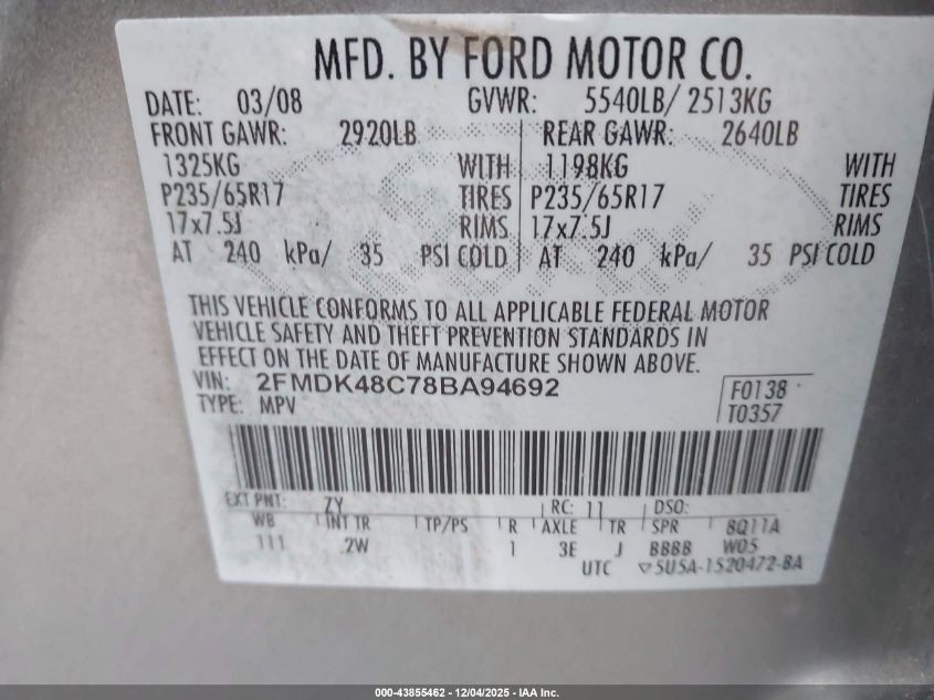 2008 Ford Edge Sel VIN: 2FMDK48C78BA94692 Lot: 43855462