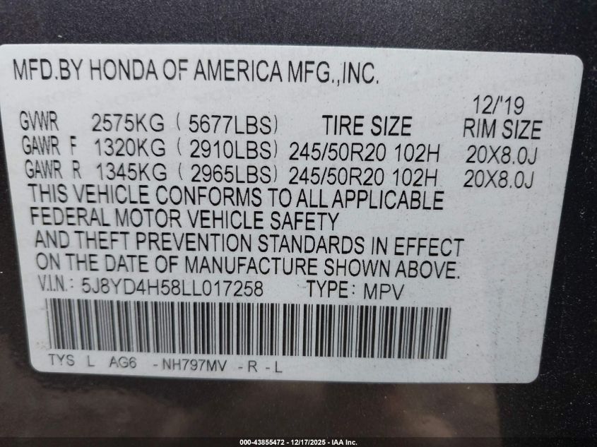 2020 Acura Mdx Technology Package VIN: 5J8YD4H58LL017258 Lot: 43855472