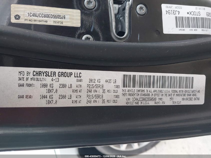 2014 Jeep Compass Limited VIN: 1C4NJCCB0ED550509 Lot: 43855473