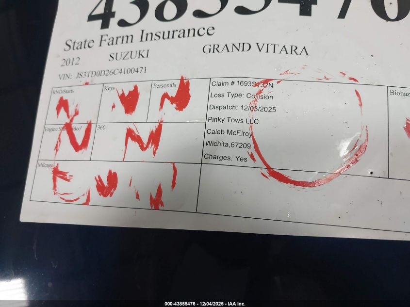 2012 Suzuki Grand Vitara Premium VIN: JS3TD0D26C4100471 Lot: 43855476