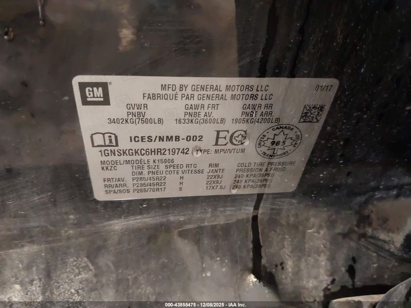 2017 Chevrolet Suburban Ls VIN: 1GNSKGKC6HR219742 Lot: 43855475