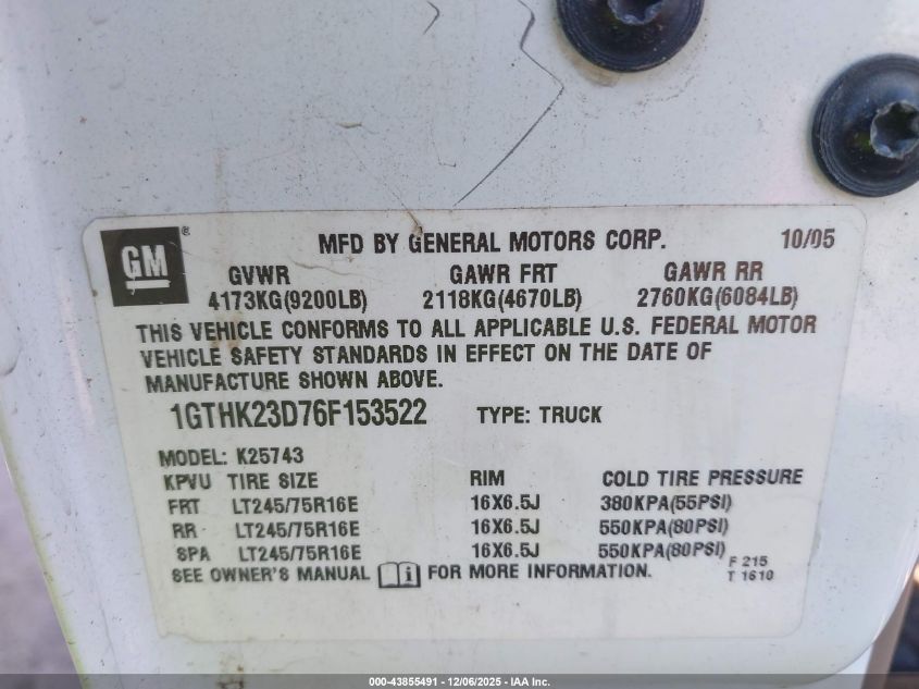 2006 GMC Sierra 2500Hd Sle2 VIN: 1GTHK23D76F153522 Lot: 43855491