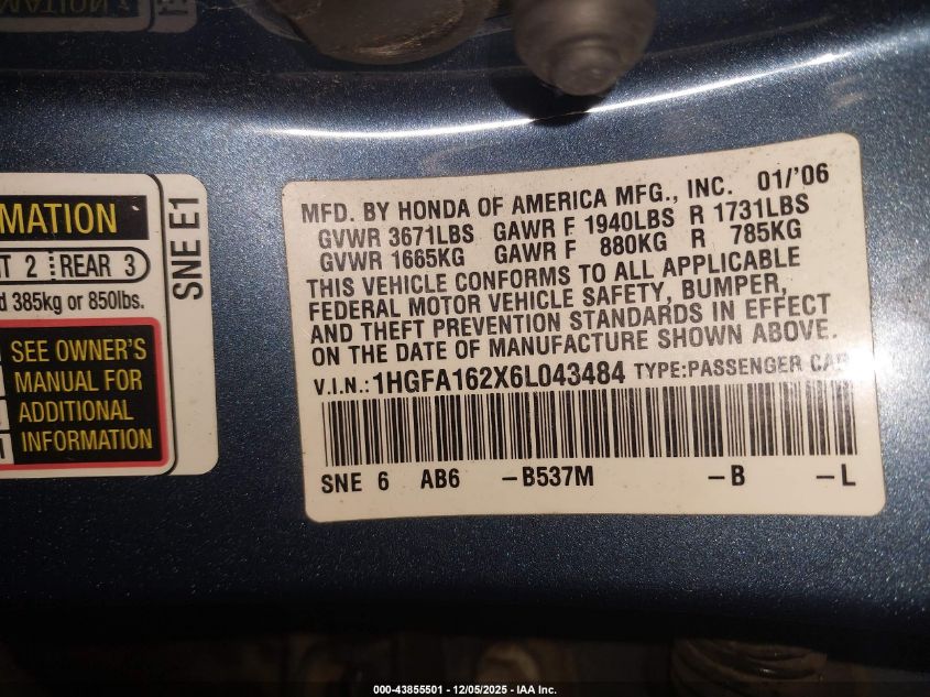 2006 Honda Civic Dx VIN: 1HGFA162X6L043484 Lot: 43855501