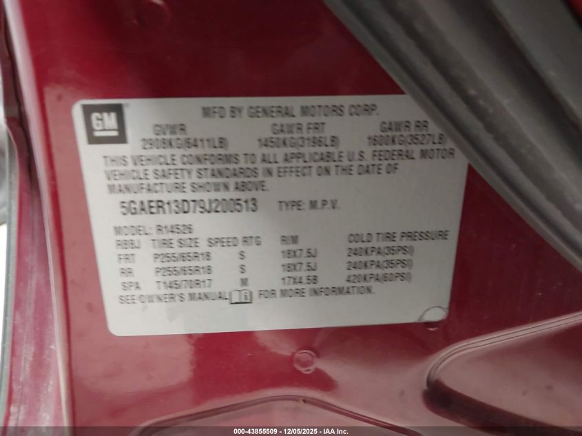 2009 Buick Enclave Cx VIN: 5GAER13D79J200513 Lot: 43855509