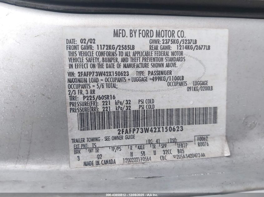 2002 Ford Crown Victoria Standard VIN: 2FAFP73W42X150623 Lot: 43855512