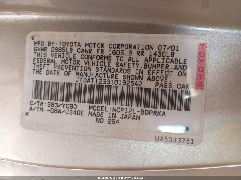 JTDAT123310192542 2001 TOYOTA ECHO photo no. 9