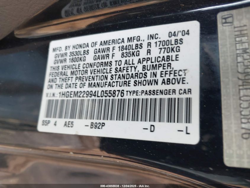 2004 Honda Civic Ex VIN: 1HGEM22994L055876 Lot: 43855538