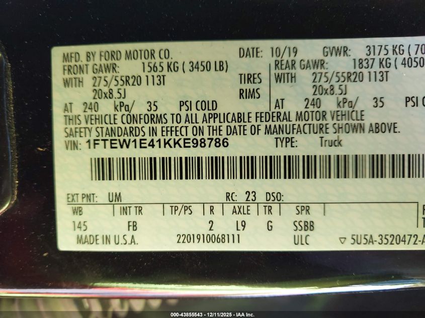 2019 Ford F-150 Xlt VIN: 1FTEW1E41KKE98786 Lot: 43855543