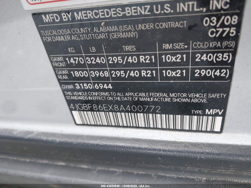 2008 Mercedes-Benz Gl 550 4Matic VIN: 4JGBF86EX8A400772 Lot: 43855546