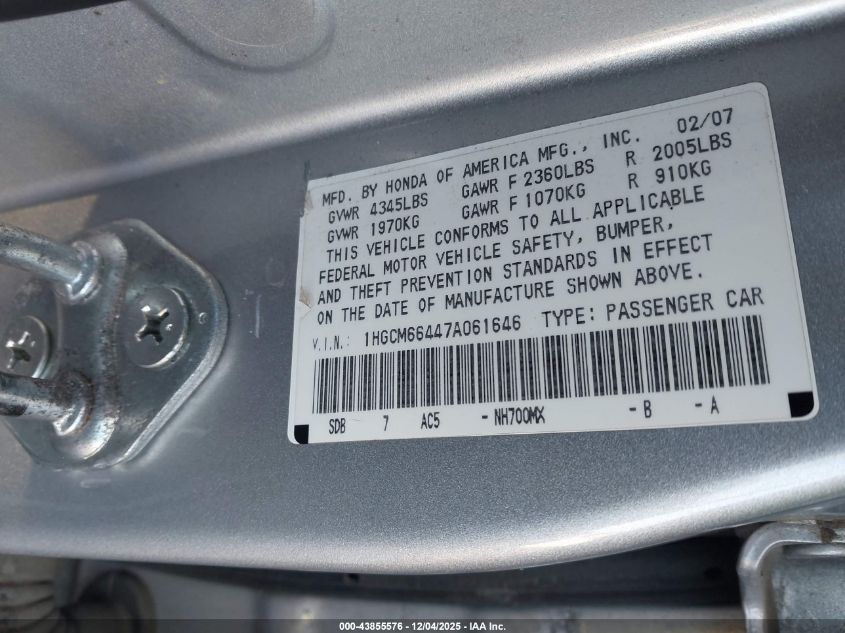 2007 Honda Accord 3.0 Se VIN: 1HGCM66447A061646 Lot: 43855576
