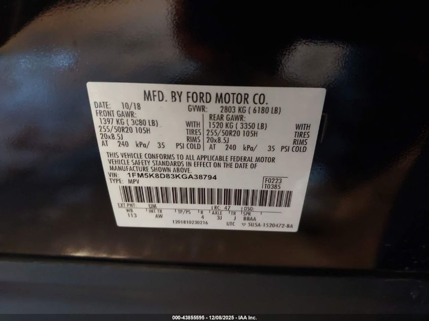 2019 Ford Explorer Xlt VIN: 1FM5K8D83KGA38794 Lot: 43855595