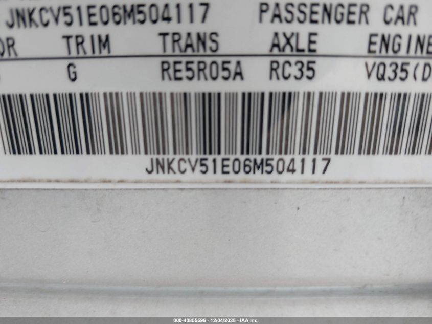 2006 Infiniti G35 VIN: JNKCV51E06M504117 Lot: 43855596