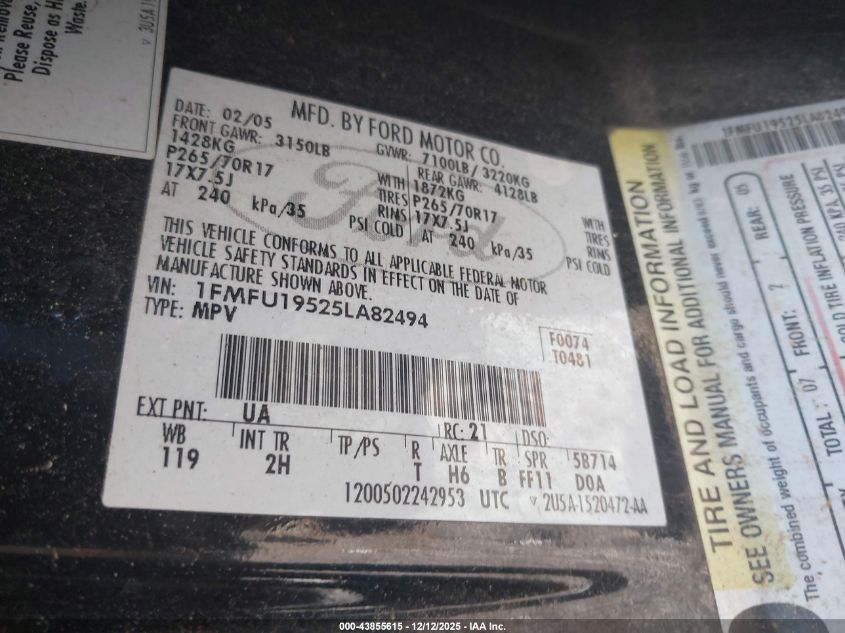 2005 Ford Expedition Limited VIN: 1FMFU19525LA82494 Lot: 43855615